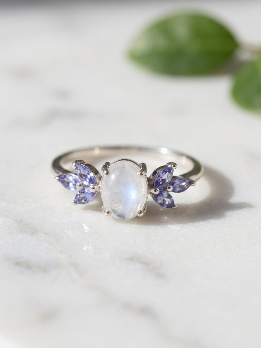 Blue Flash Moonstone and Tanzanite Floral Ring, Sterling Silver, Size 6